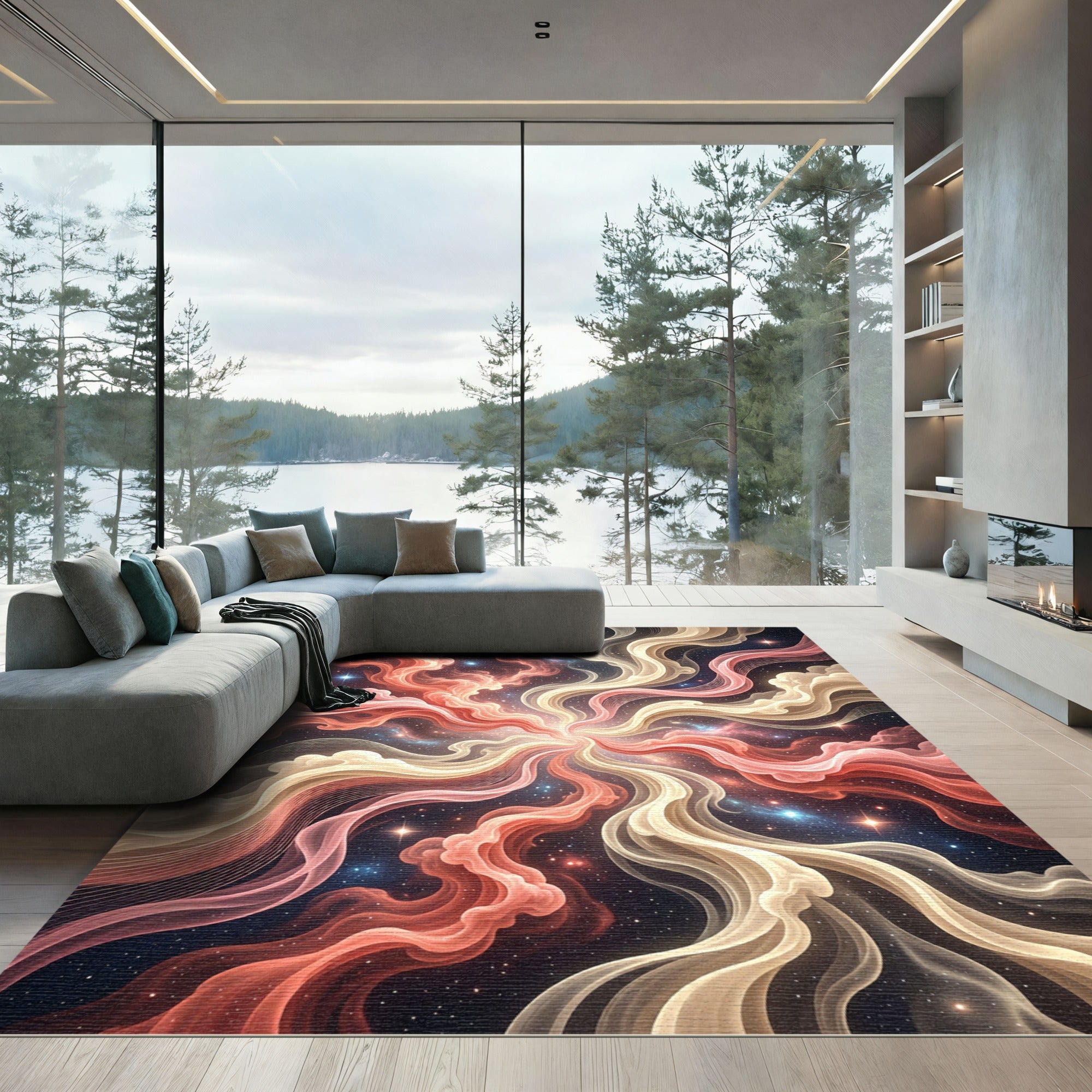 Celestial Rose and Cream Nebula Swirl Rug
