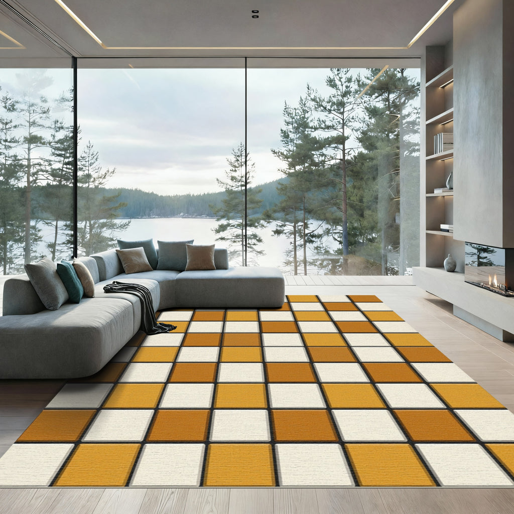Checkerboard Tan White Squares Rug