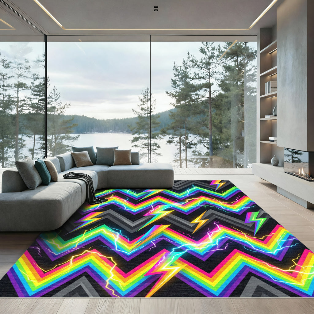 Vibrant Rainbow Zigzag Electric Bolt Energy Rug