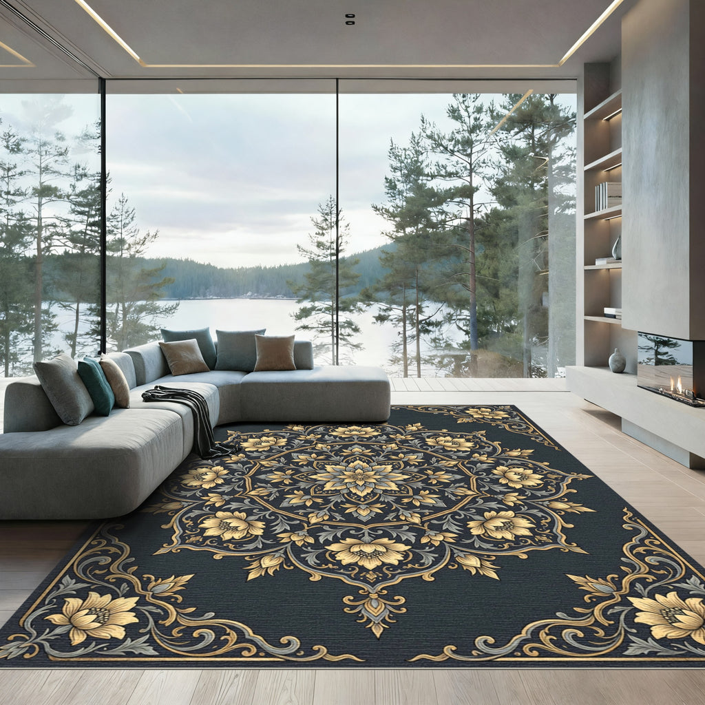 Elegant Golden Floral Mandala Midnight Slate Rug