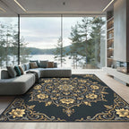 Elegant Golden Floral Mandala Midnight Slate Rug