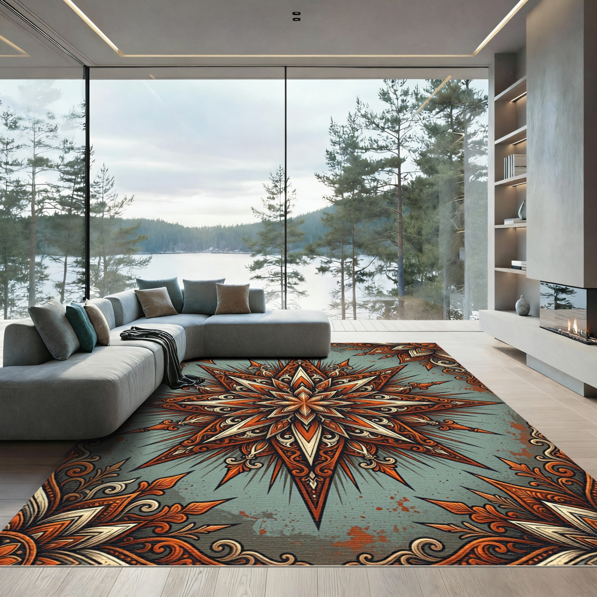 Ornate Burnt Orange Starburst Medallion Rug
