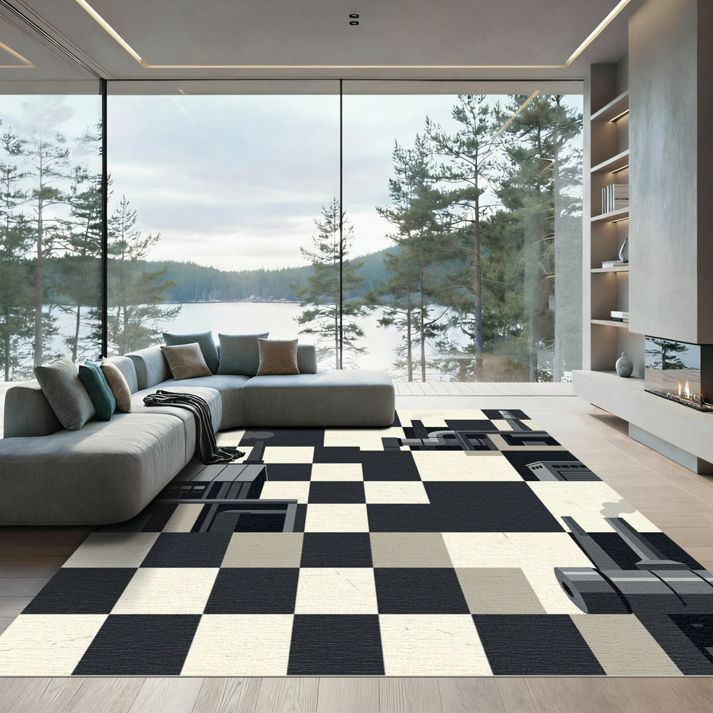 Monochrome Industrial Chessboard Composition Rug