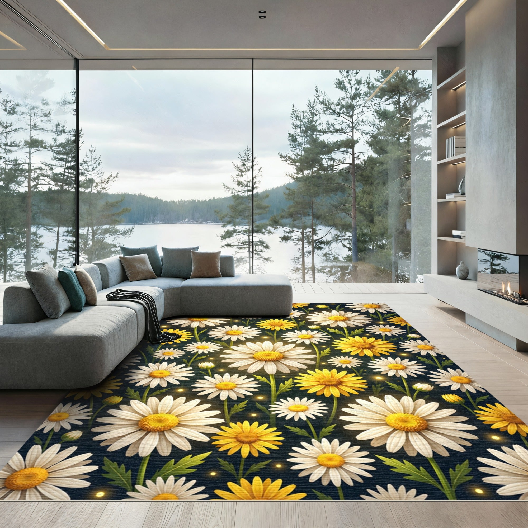 Radiant White and Golden Daisy Meadow Rug