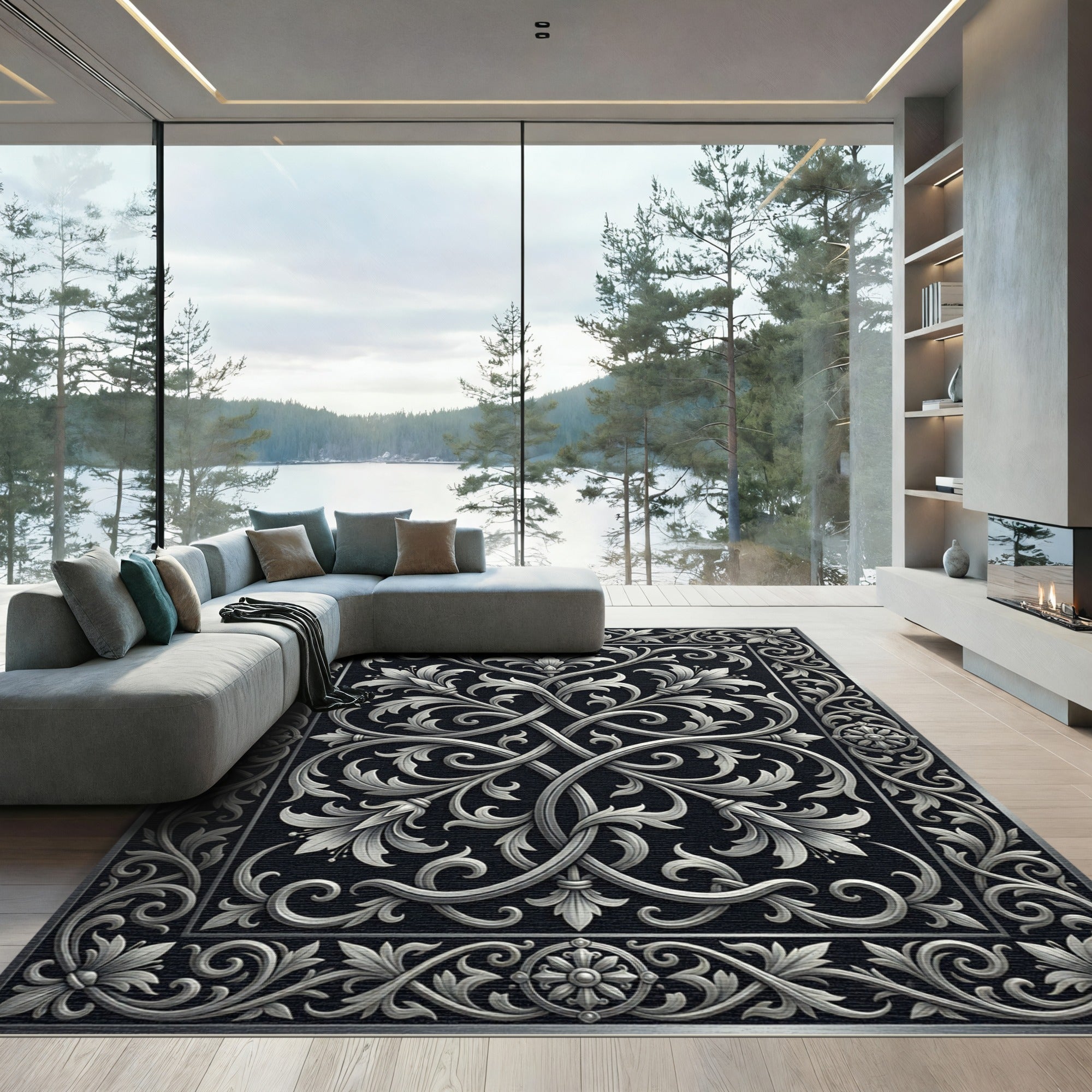 Elegant Silver Floral Scrollwork Monochromatic Rug