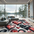 Crimson Gray Watercolor Hearts Swirl Rug