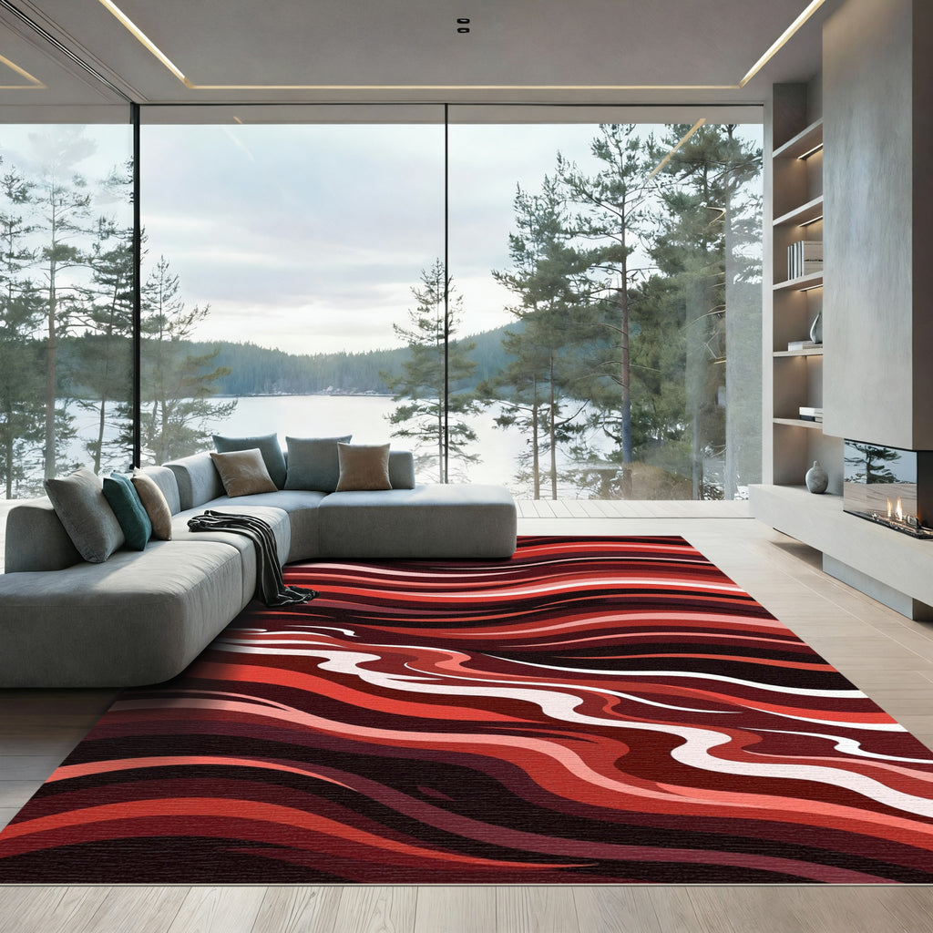 Crimson Abstract Swirl Waves Rug