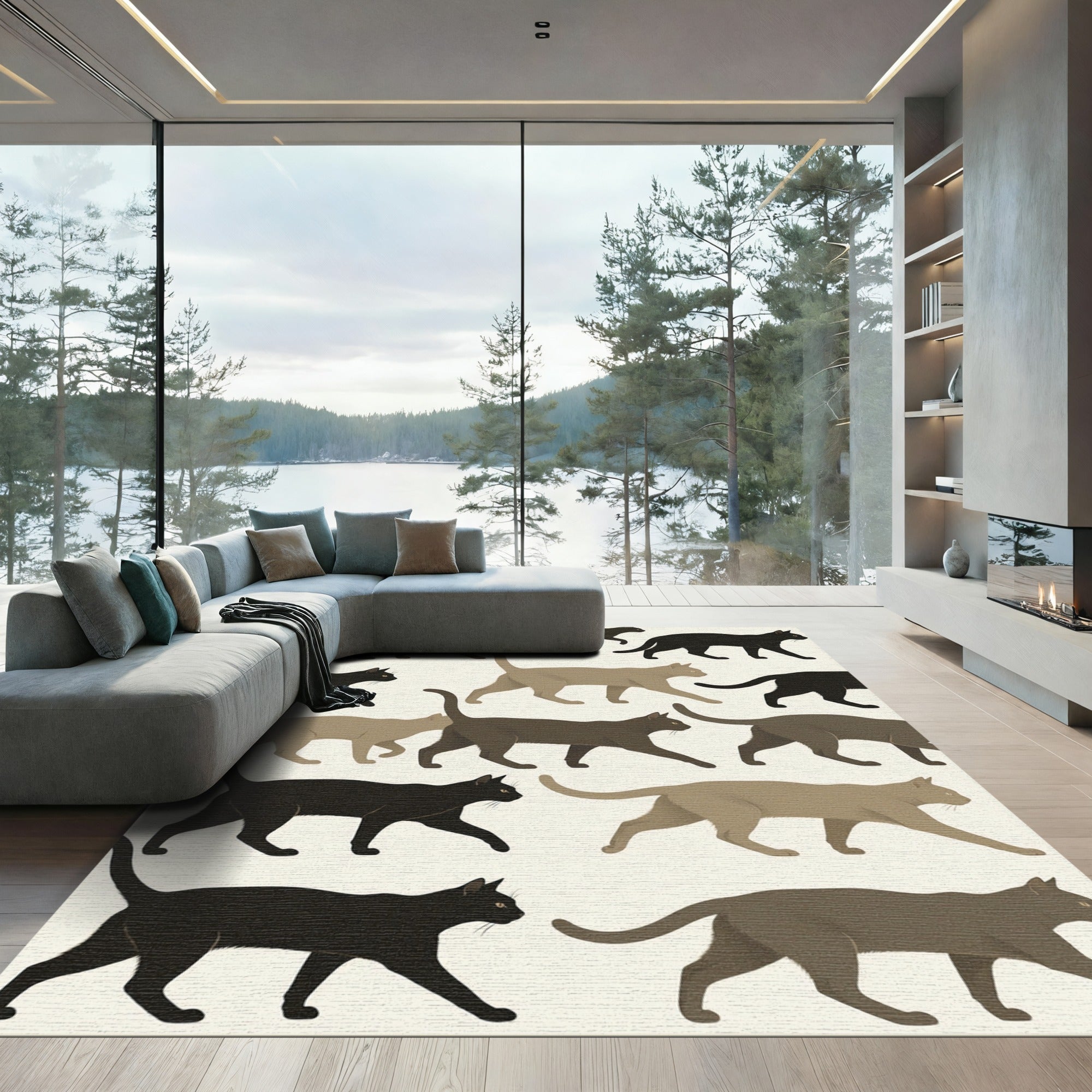 Minimalist Cats Walking Neutral Art Rug