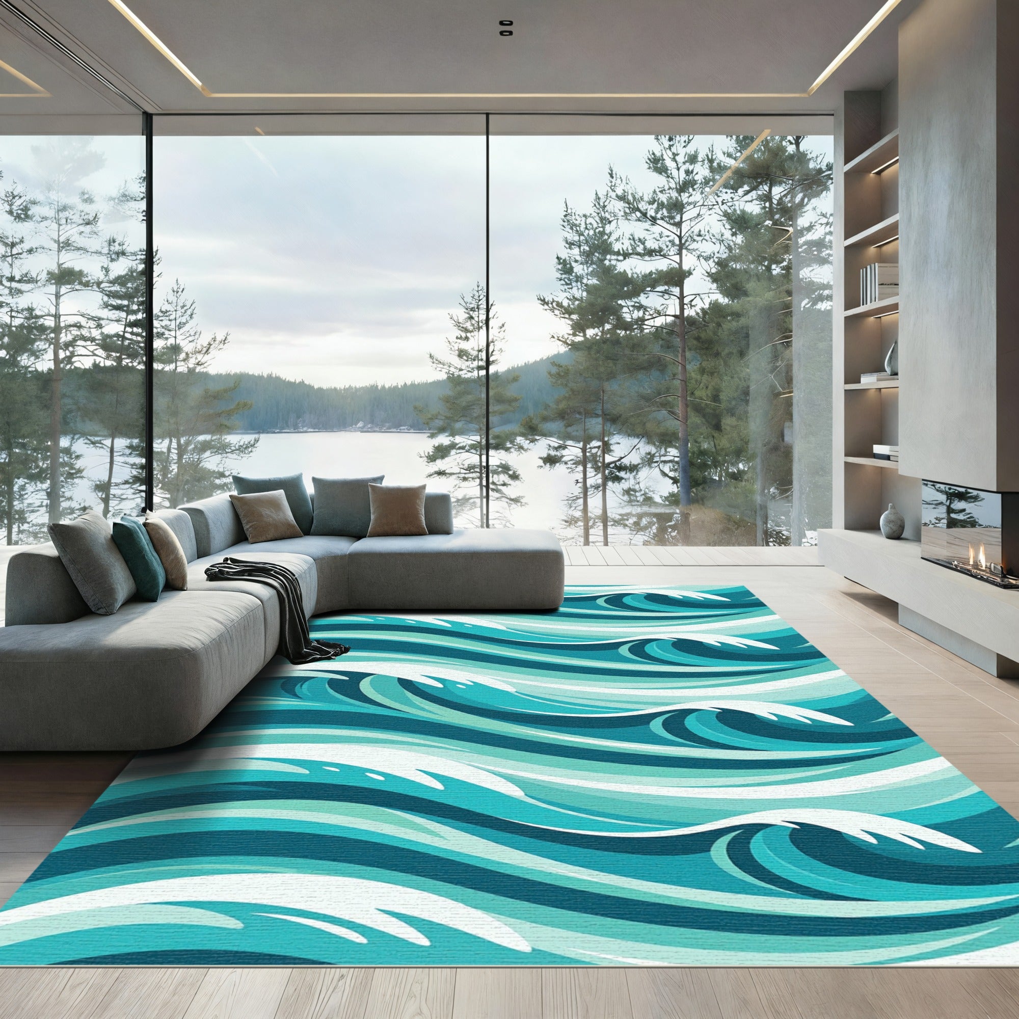 Contemporary Teal Oceanic Wave Swirl Rug