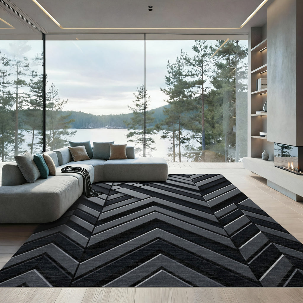 Monochrome Geometric Angular Chevron Shadow Rug