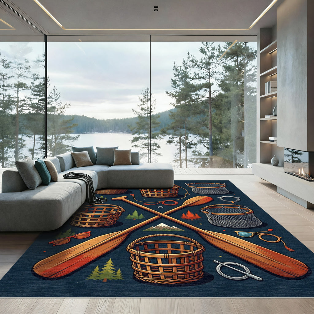 Rustic Nautical Oar and Basket Illustration Rug