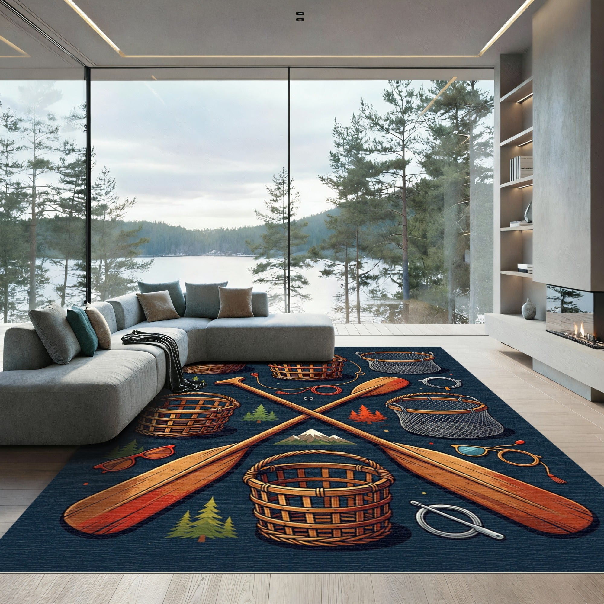 Rustic Nautical Oar and Basket Illustration Rug
