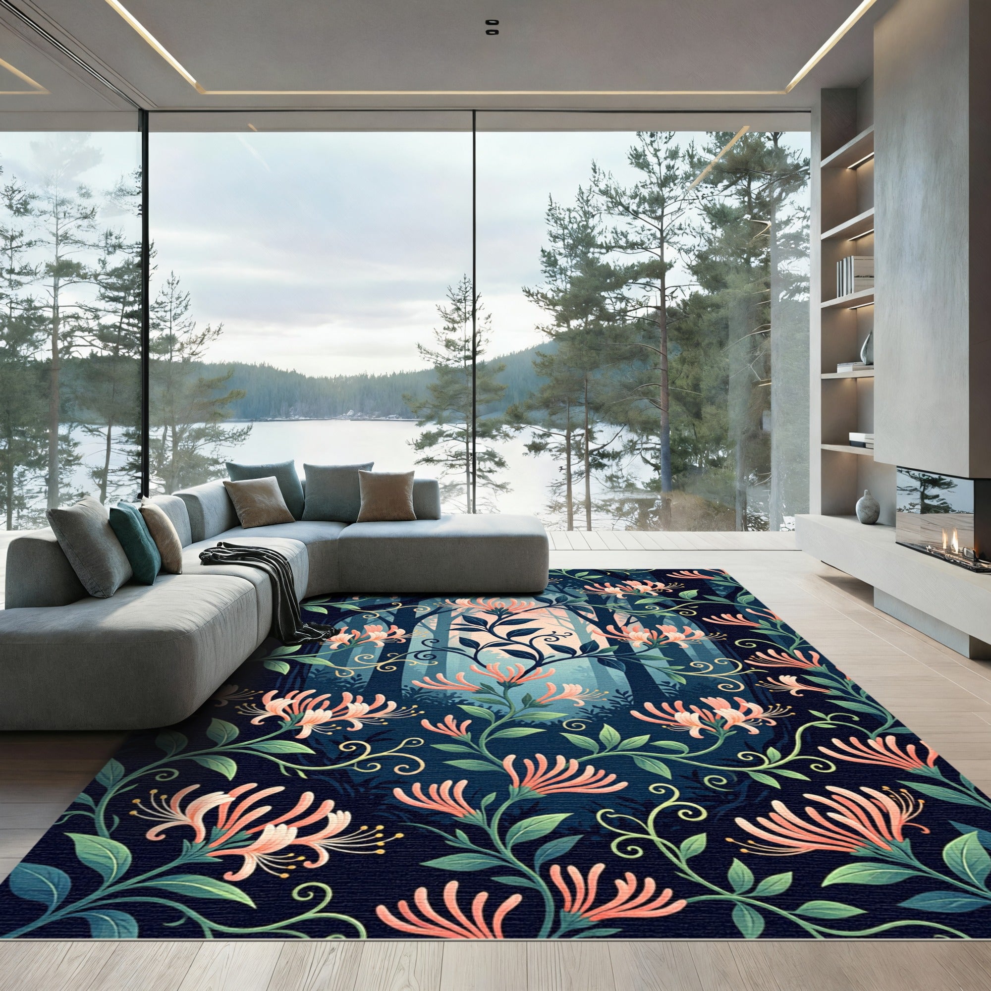 Midnight Honeysuckle Botanical Floral Forest Rug