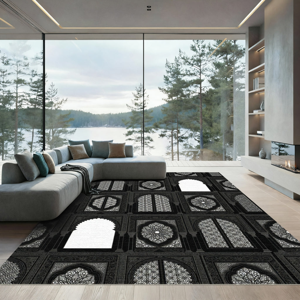 Monochromatic Dark Arches Medallion Window Rug