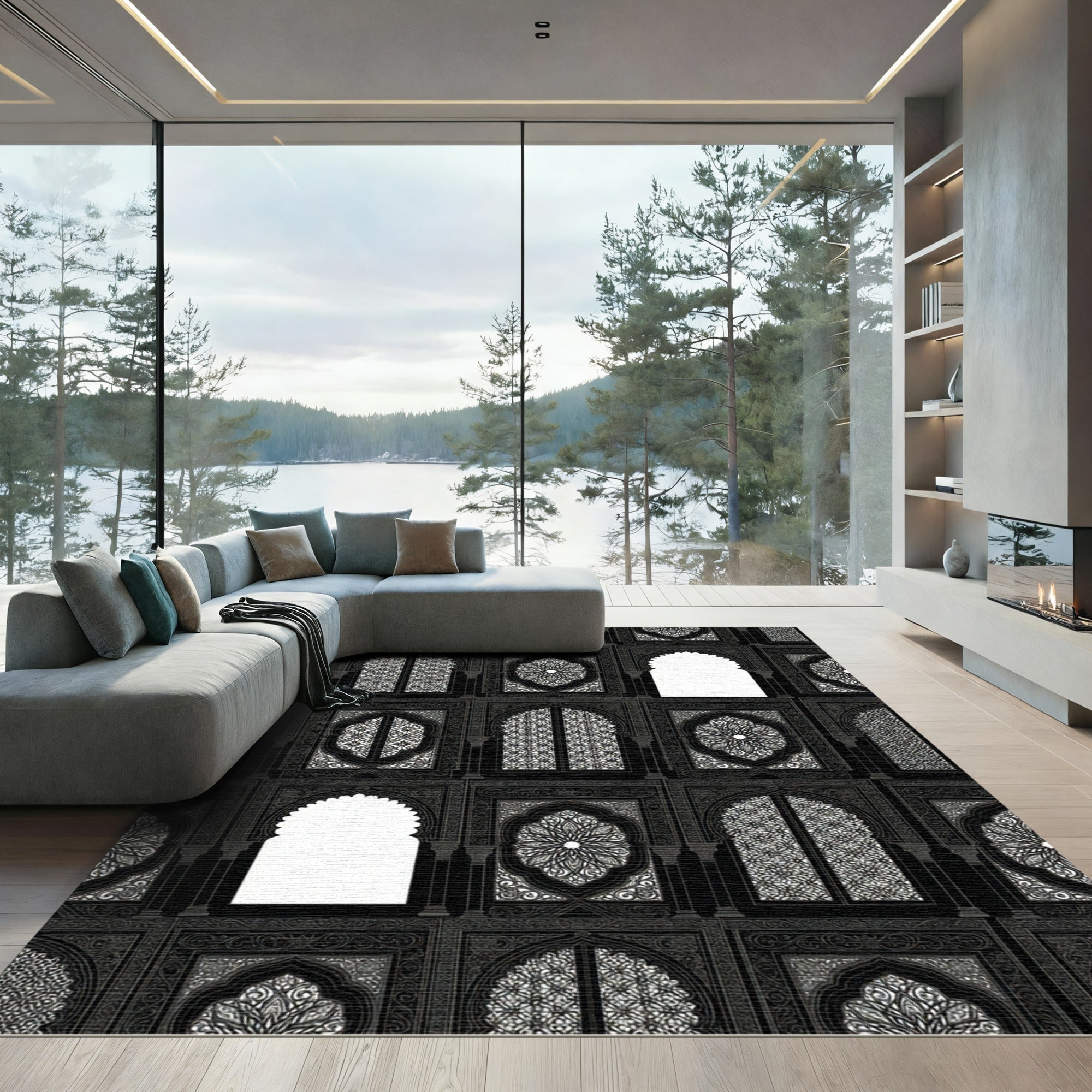 Monochromatic Dark Arches Medallion Window Rug