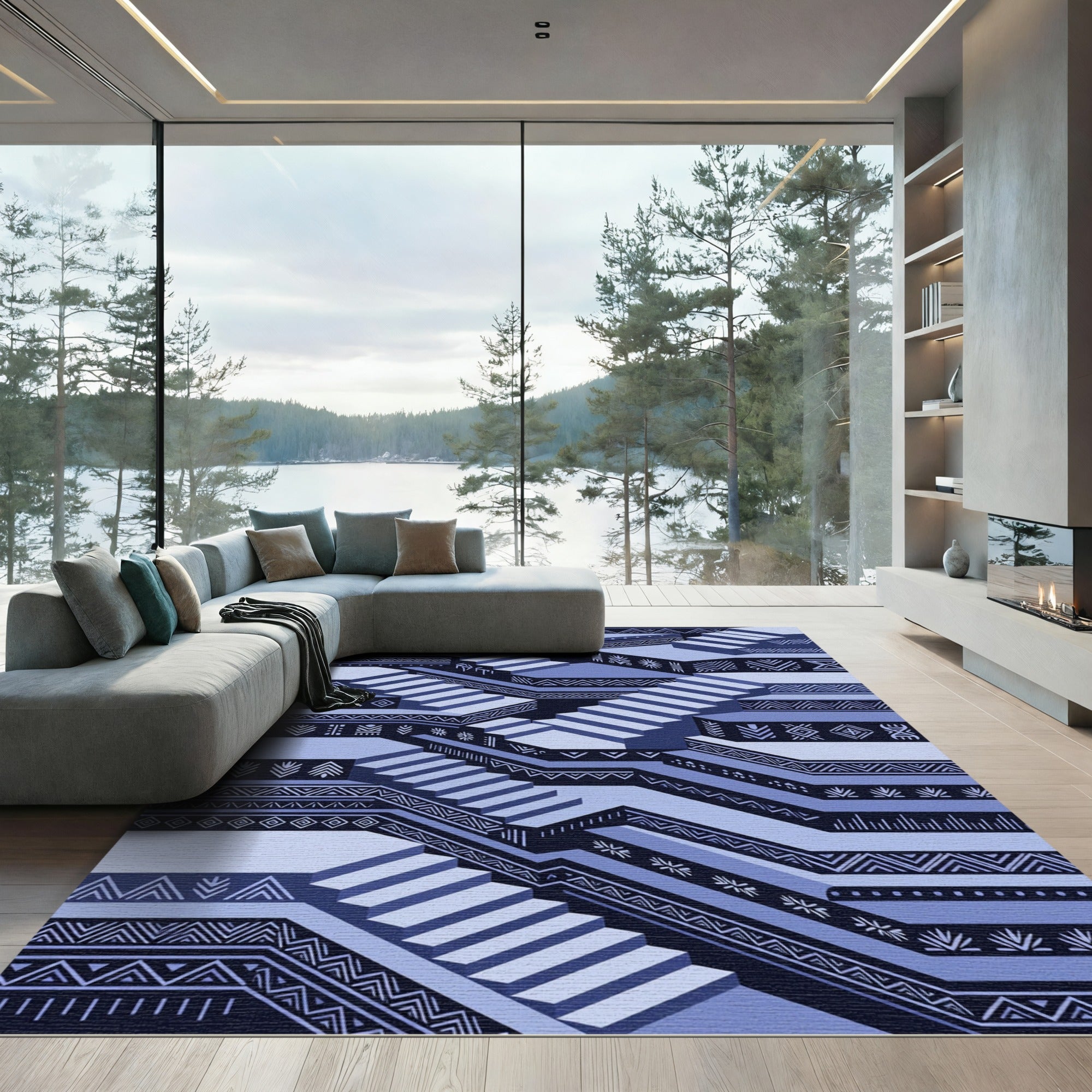 Blue Step Geometric Tribal Rug