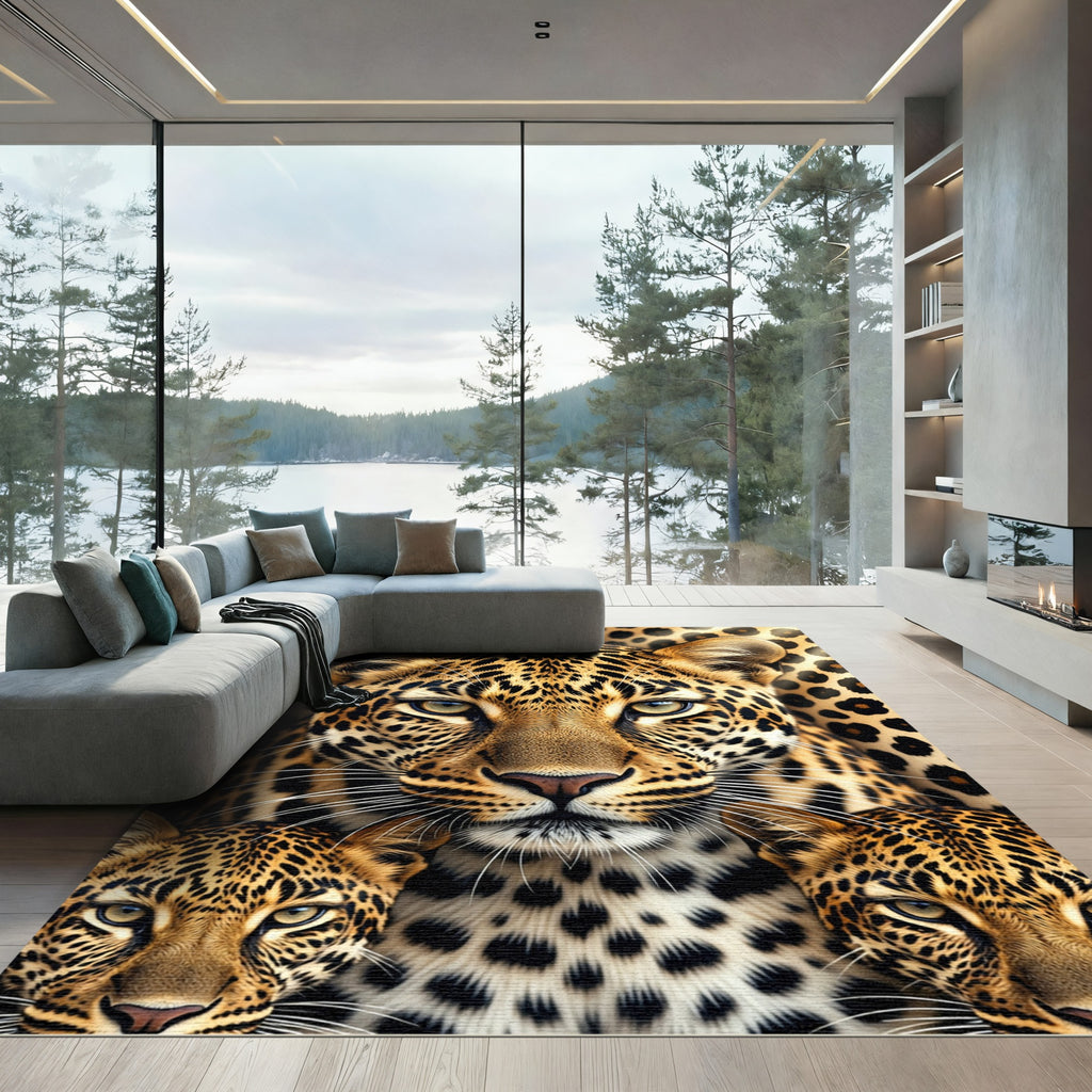 Majestic Golden Leopard Face Trio Rug
