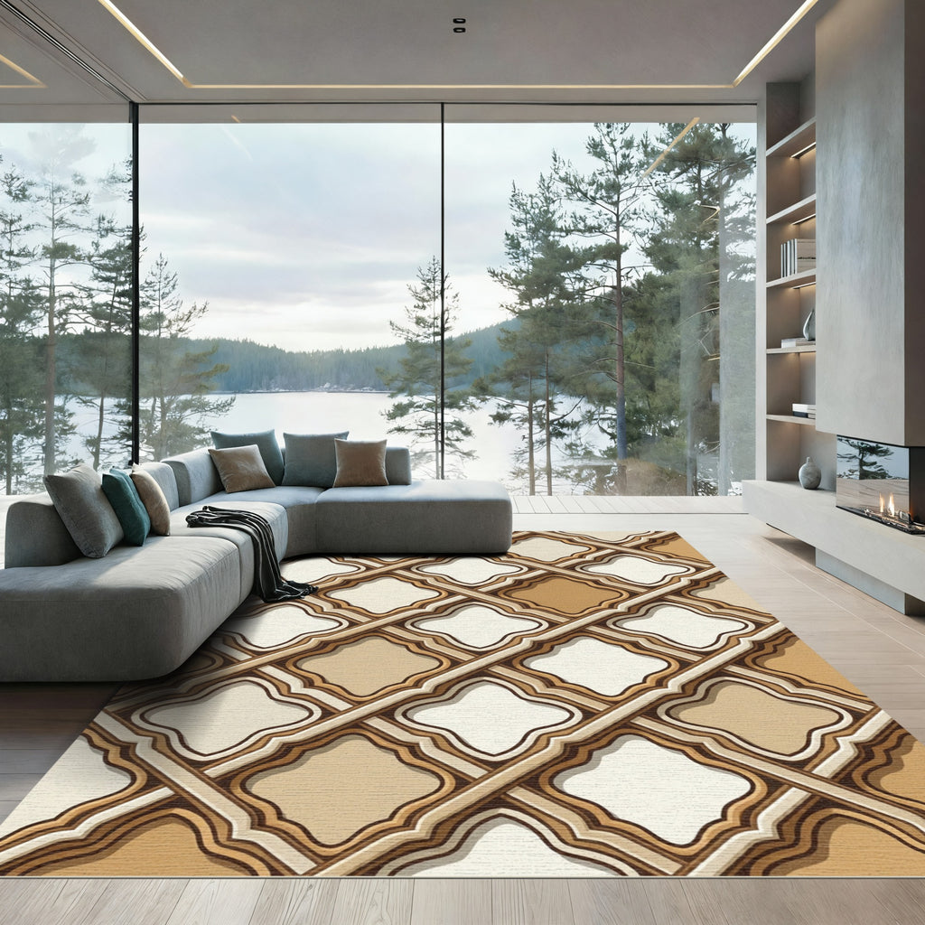 Ochre Brown Lattice Arabesque Rug