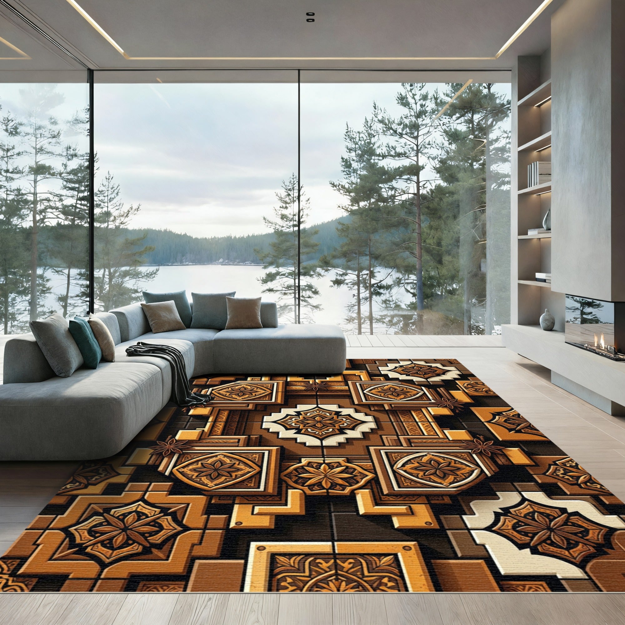 Tonal Brown Geometric Star Medallion Rug
