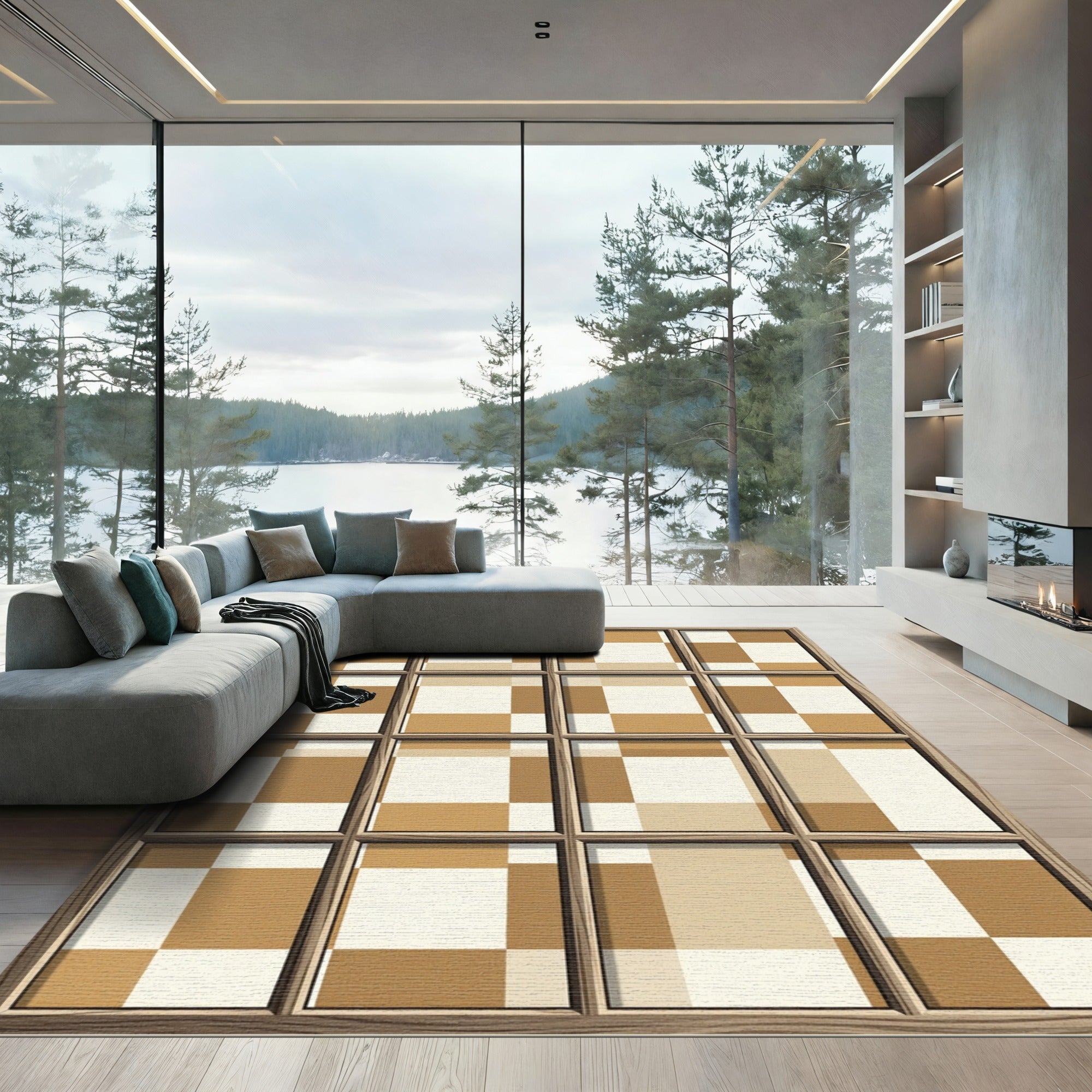 Retro Checkerboard Wood Grain Squares Rug