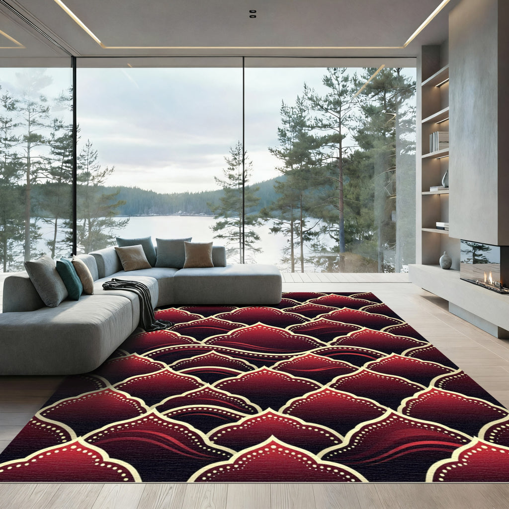 Rich Crimson Scalloped Arch Rug
