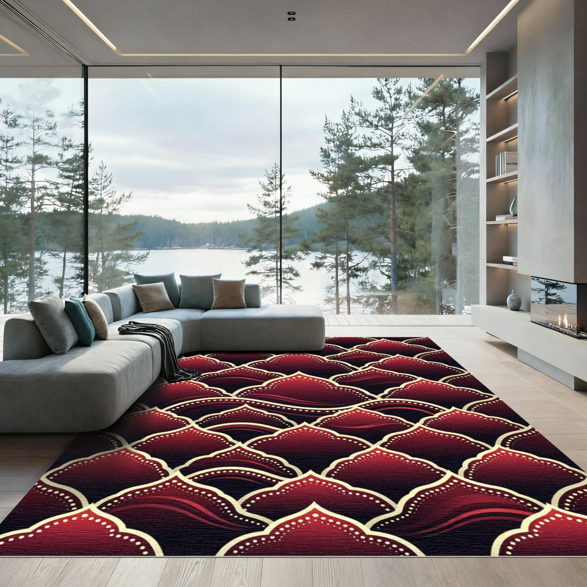 Rich Crimson Scalloped Arch Rug