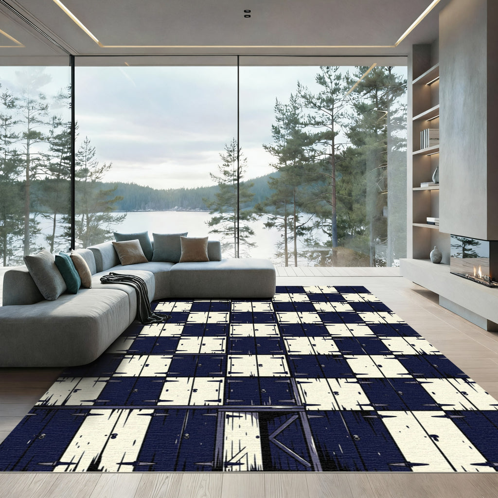 Monochrome Checkered Grid Block Art Rug