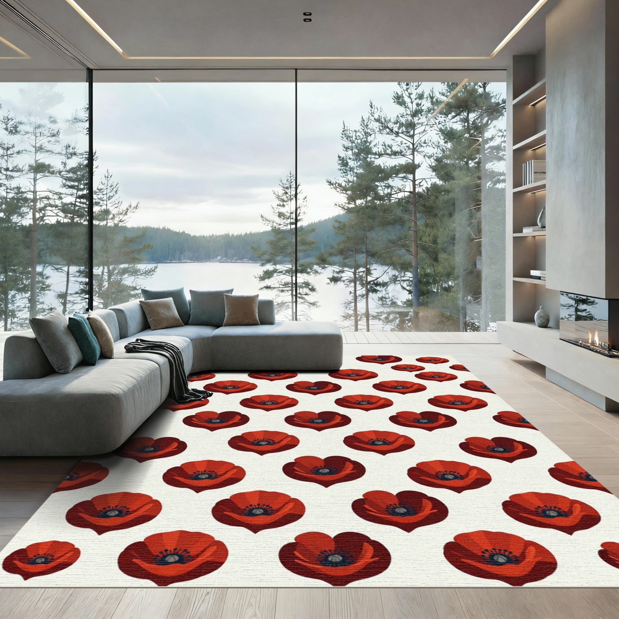Red Poppy Floral Repeat Rug