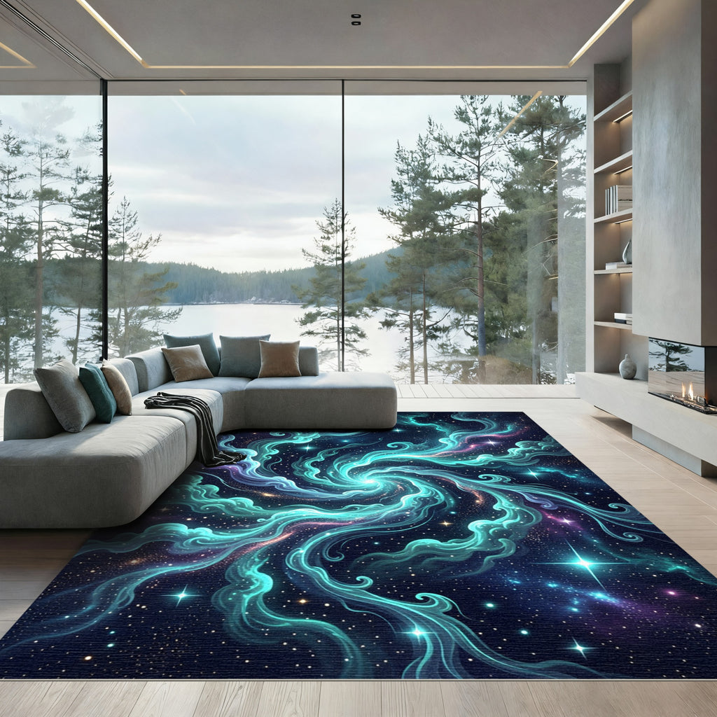 Luminous Teal Celestial Swirl Galaxy Rug