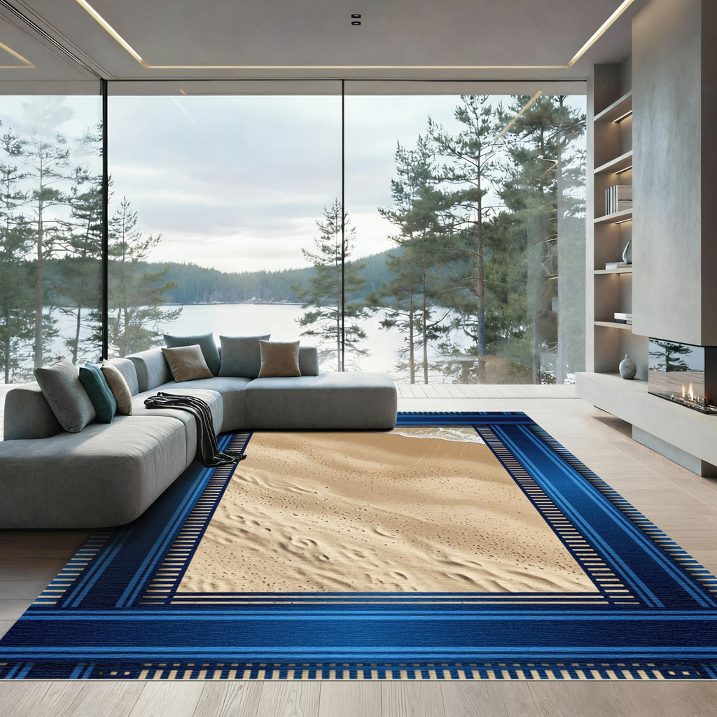 Coastal Blue Framed Sandy Shore Rug