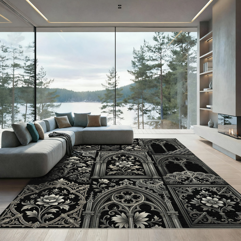 Ornate Gothic Black Lace Floral Accents Rug