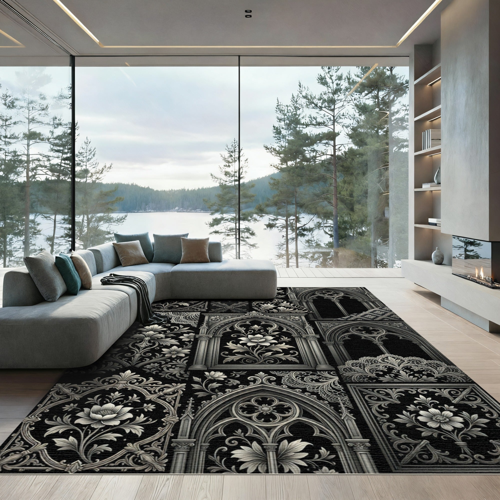 Ornate Gothic Black Lace Floral Accents Rug