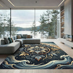 Coastal Slate and Gold Botanical Medallion Rug