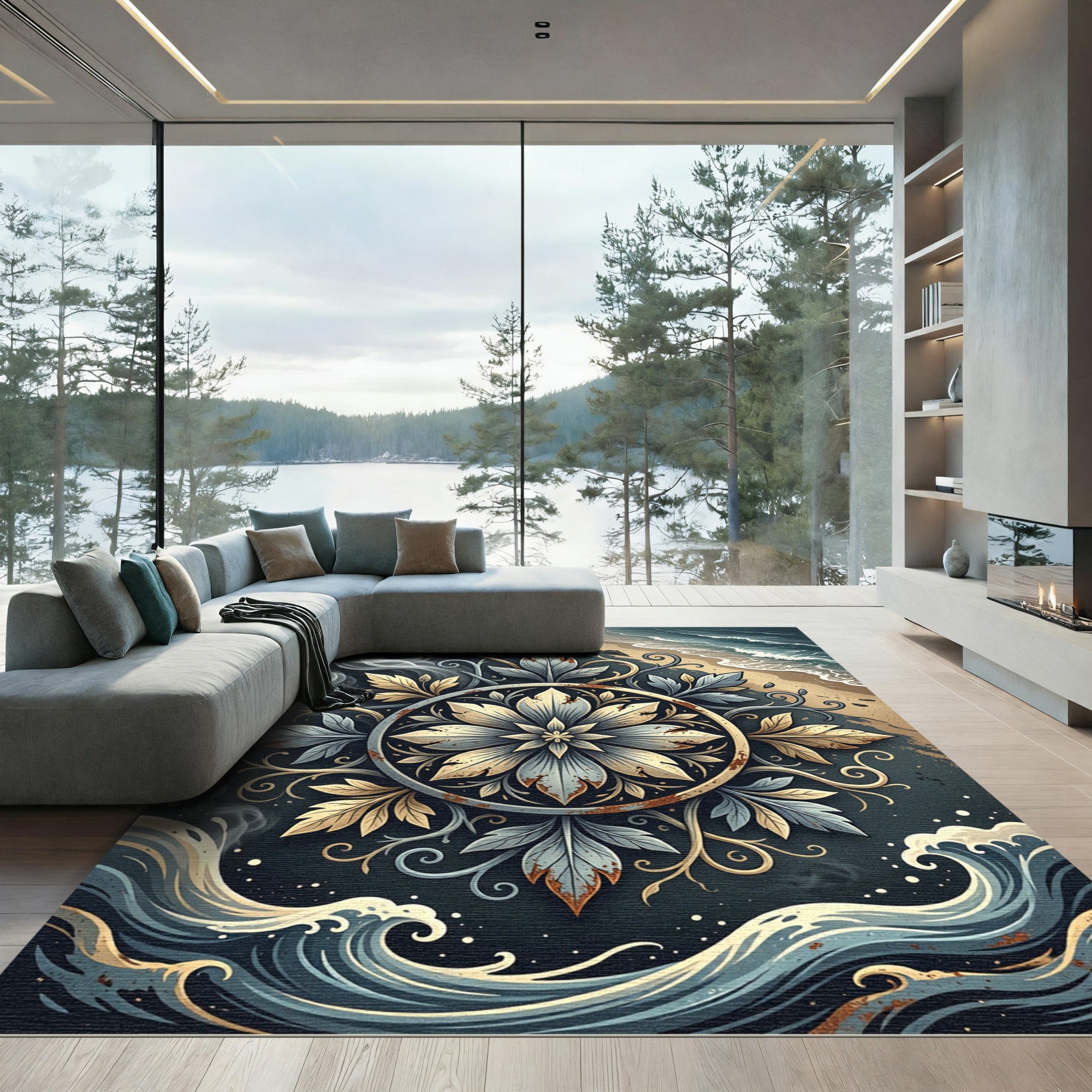 Coastal Slate and Gold Botanical Medallion Rug
