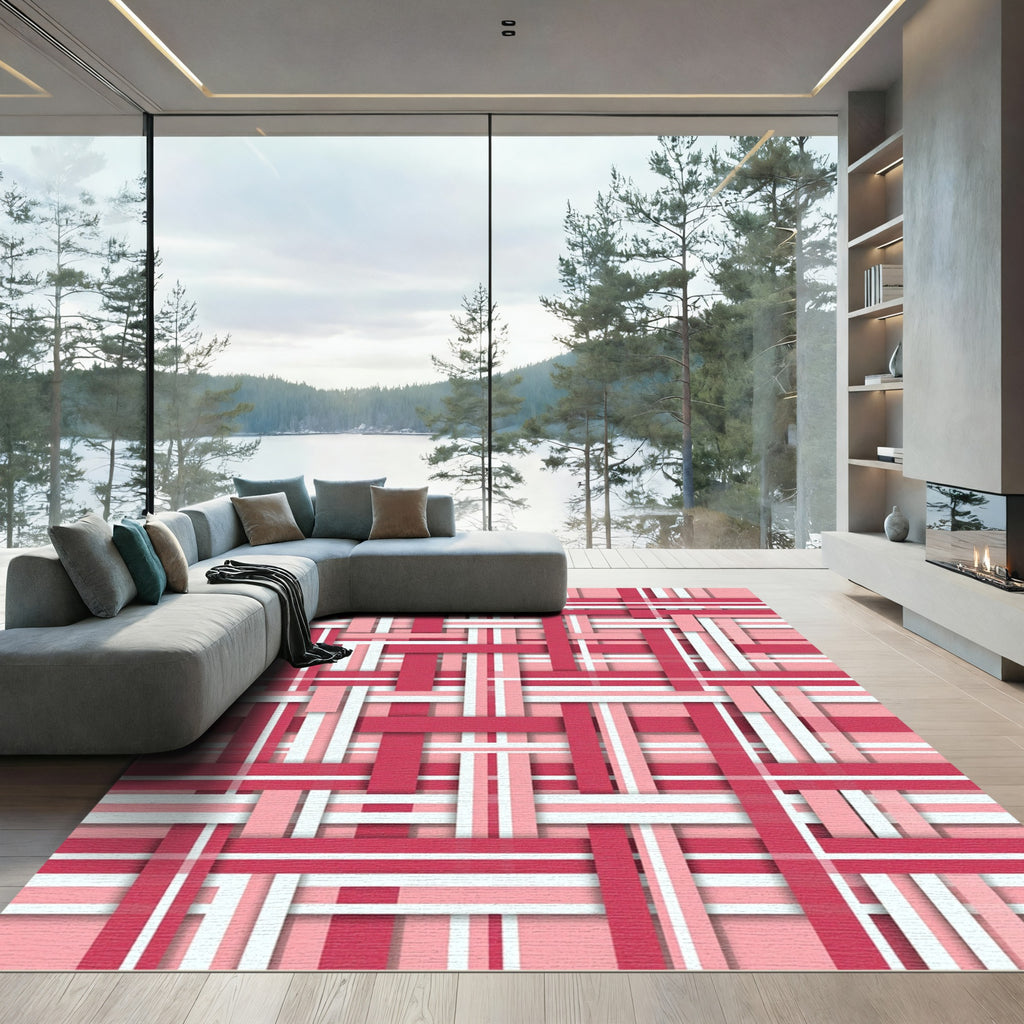 Blush Pink Woven Geometric Plaid Rug