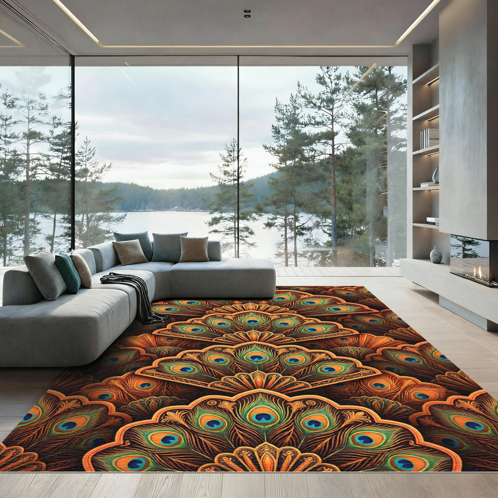 Ornate Golden Peacock Feather Fans Rug
