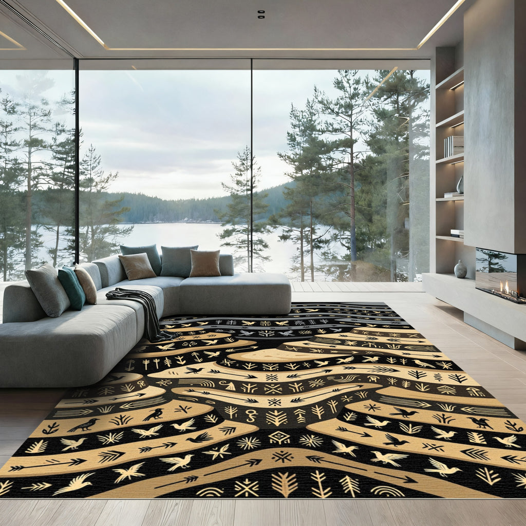 Tribal Golden Bird Arrow Composition Rug