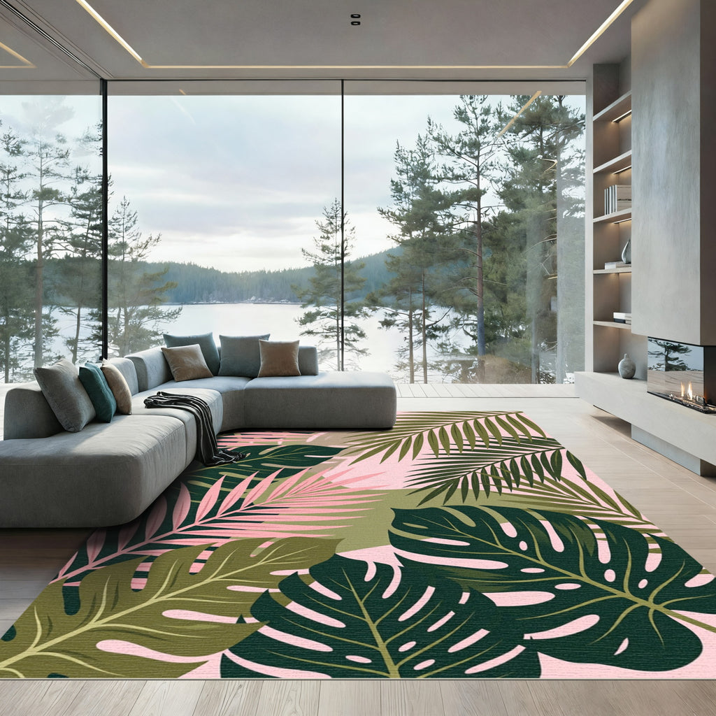 Lush Pink and Olive Tropical Foliage Rug