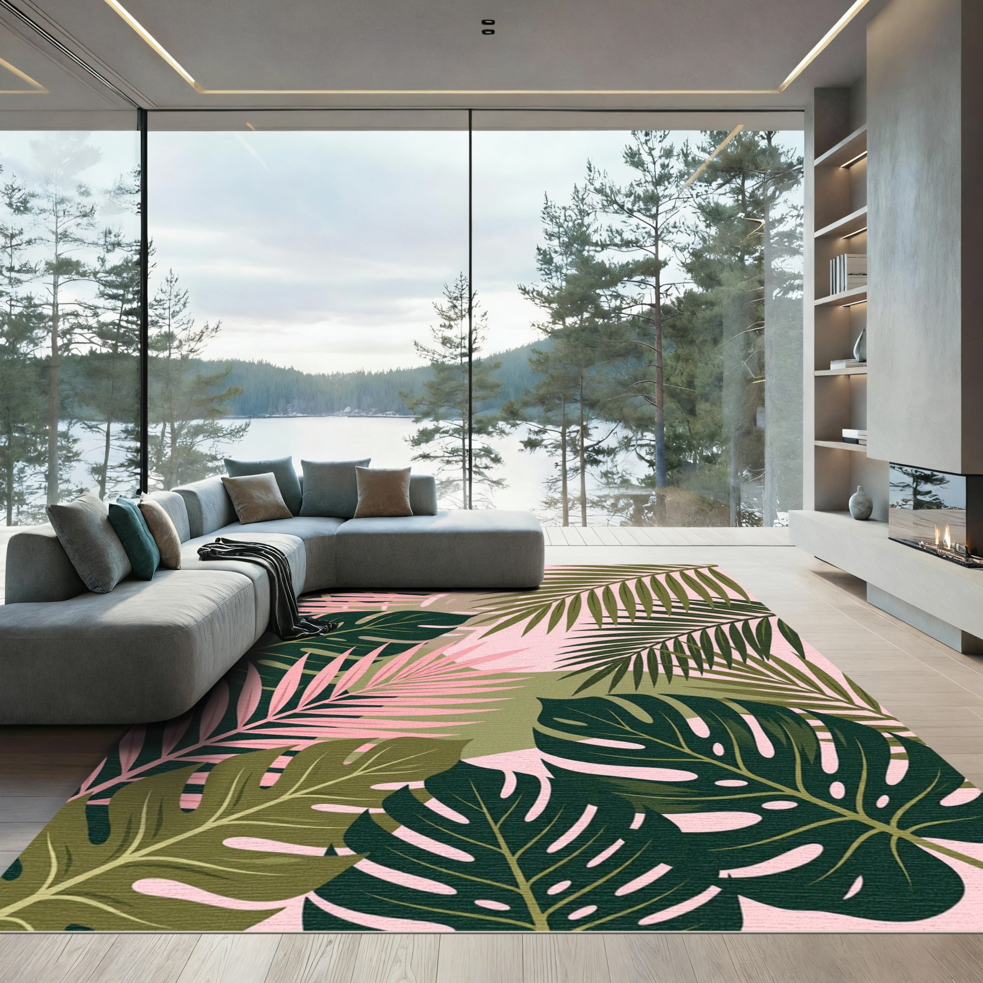 Lush Pink and Olive Tropical Foliage Rug