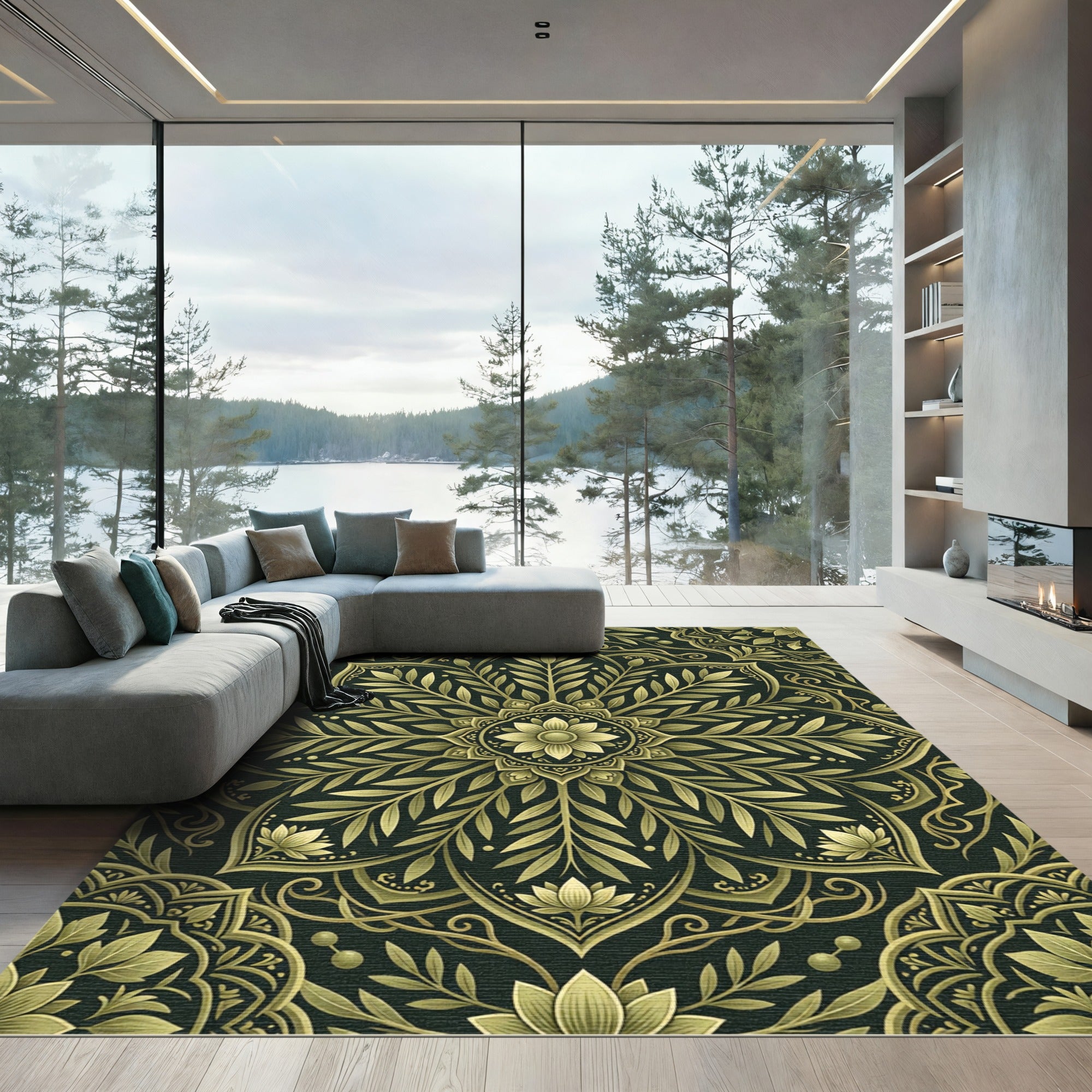 Golden Olive Leaf Mandala Rug