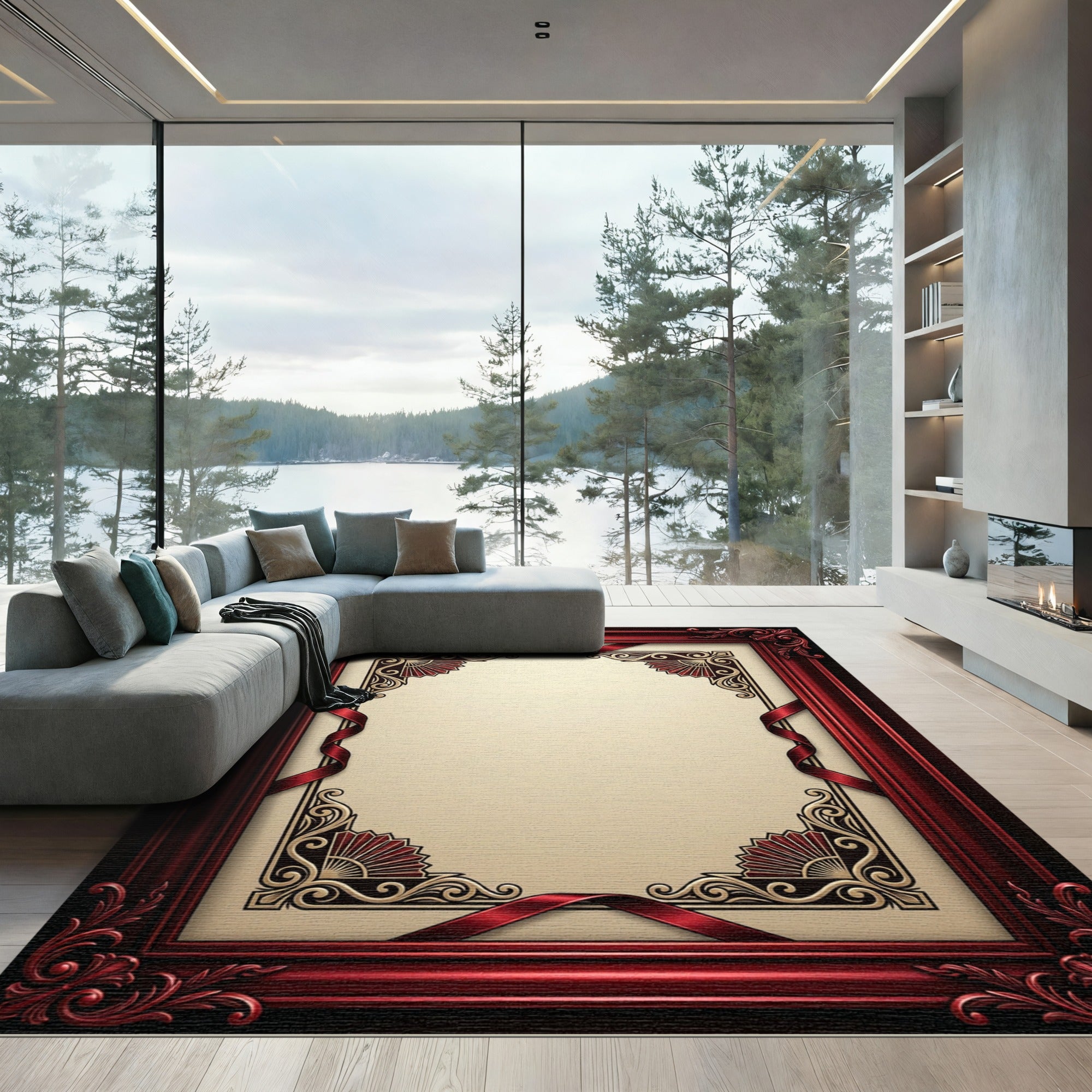 Elegant Red Victorian Ornate Frame Rug