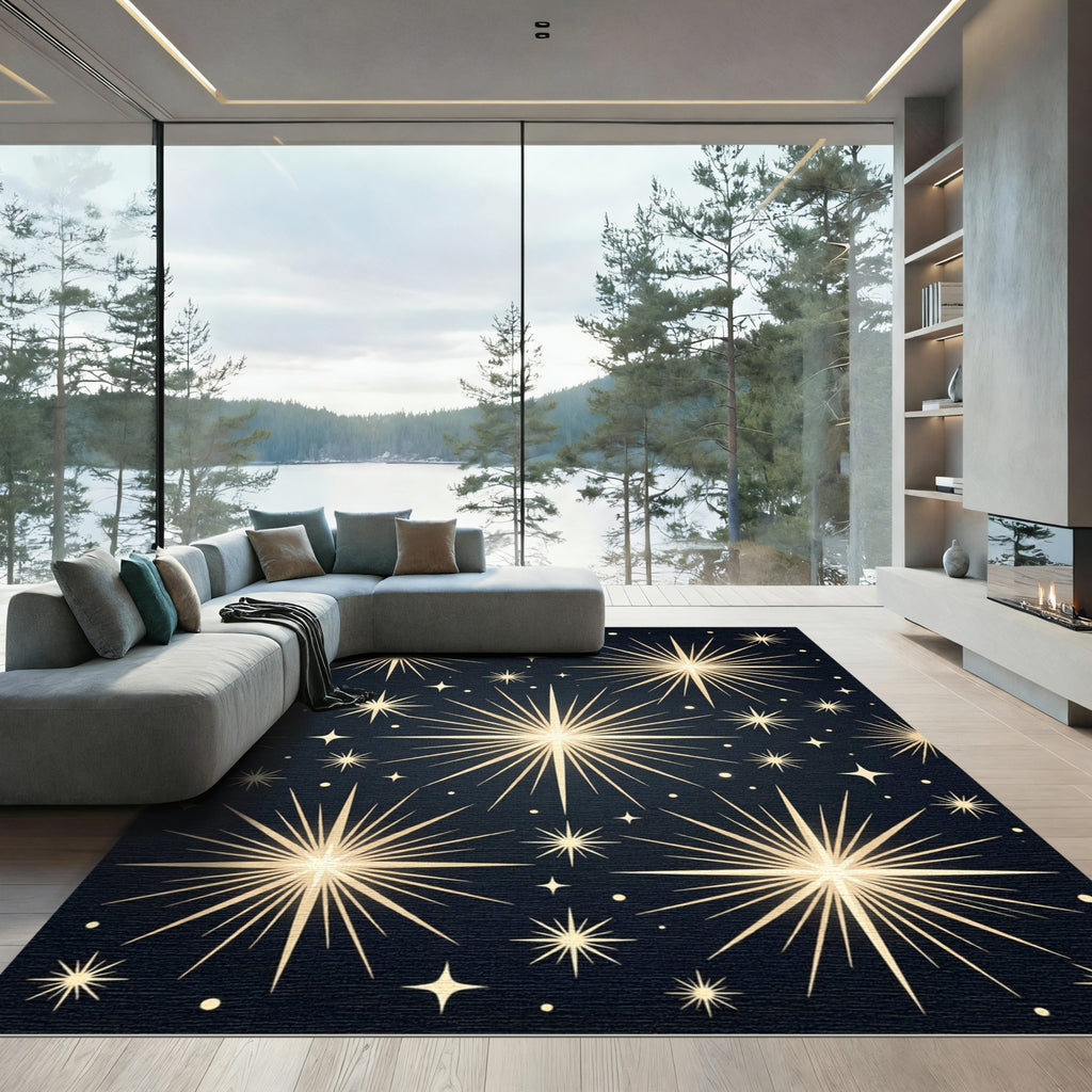 Golden Celestial Starry Night Sky Rug