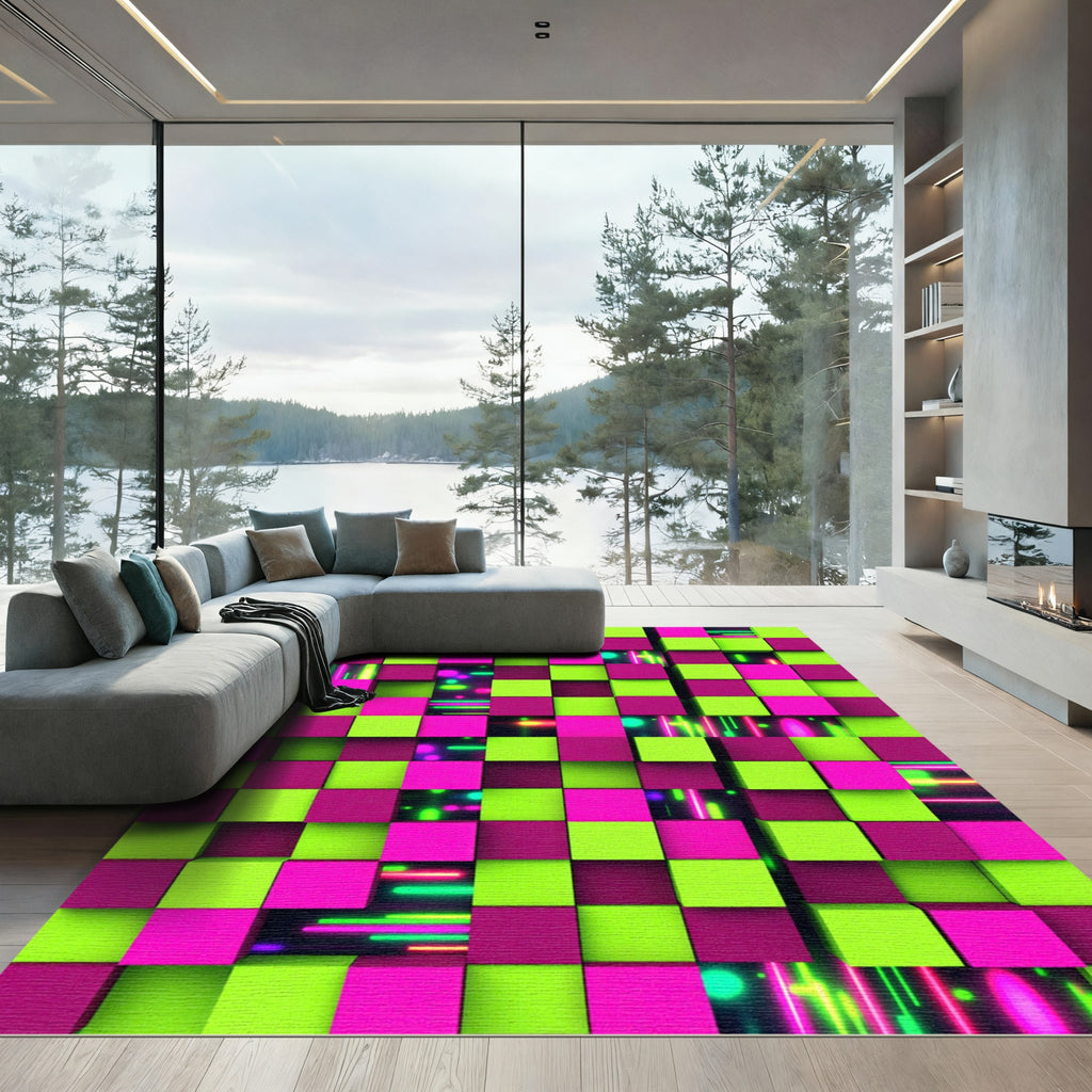 Neon Lime and Fuchsia Abstract Grid Rug