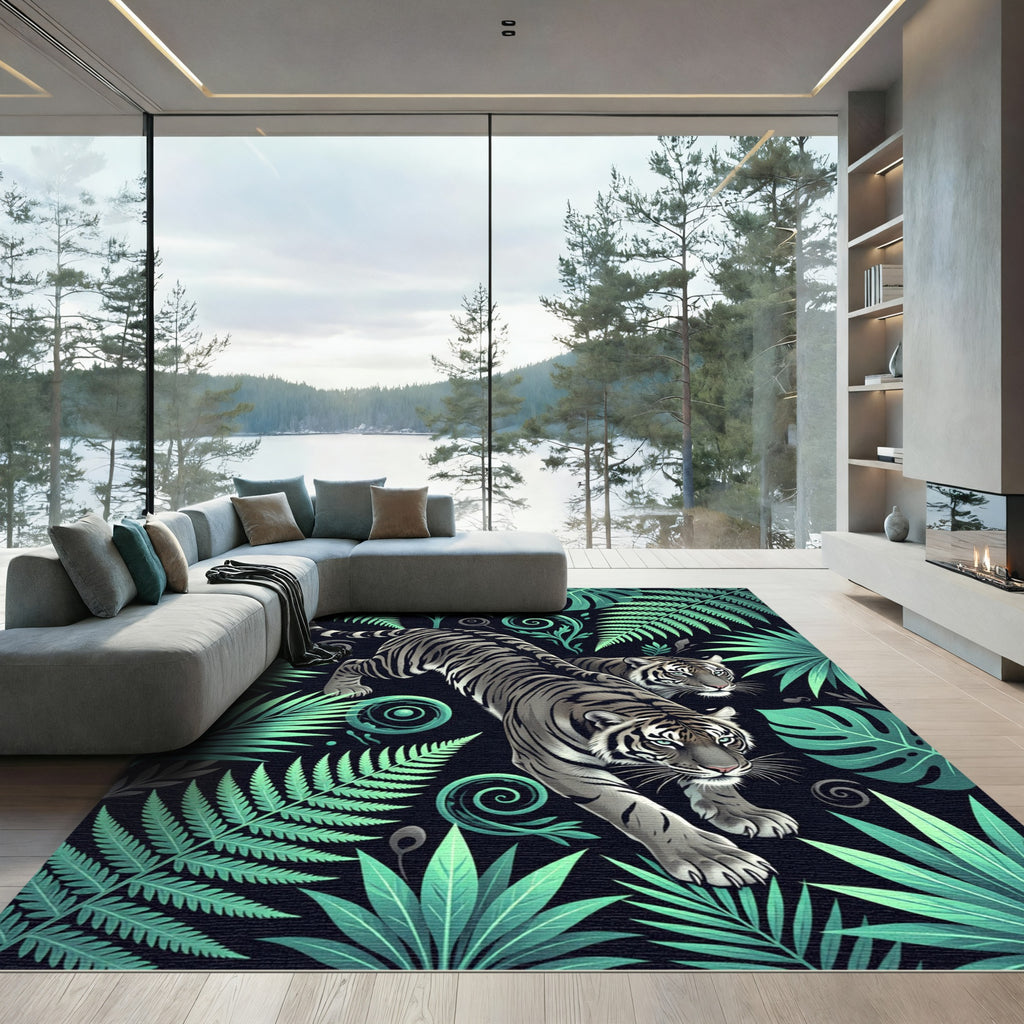 Jungle Tigers Lush Green Ferns Rug