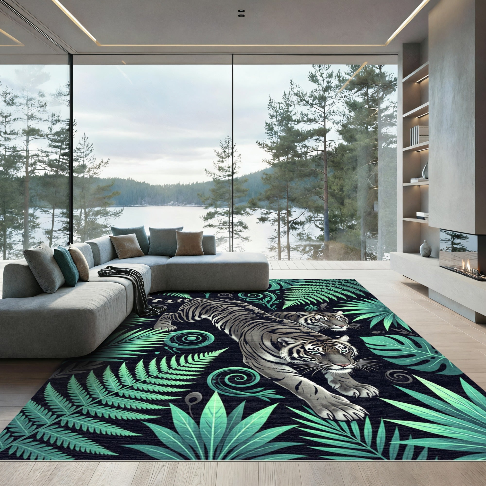 Jungle Tigers Lush Green Ferns Rug