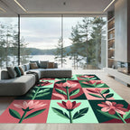 Modern Pink Floral Geometric Tile Rug