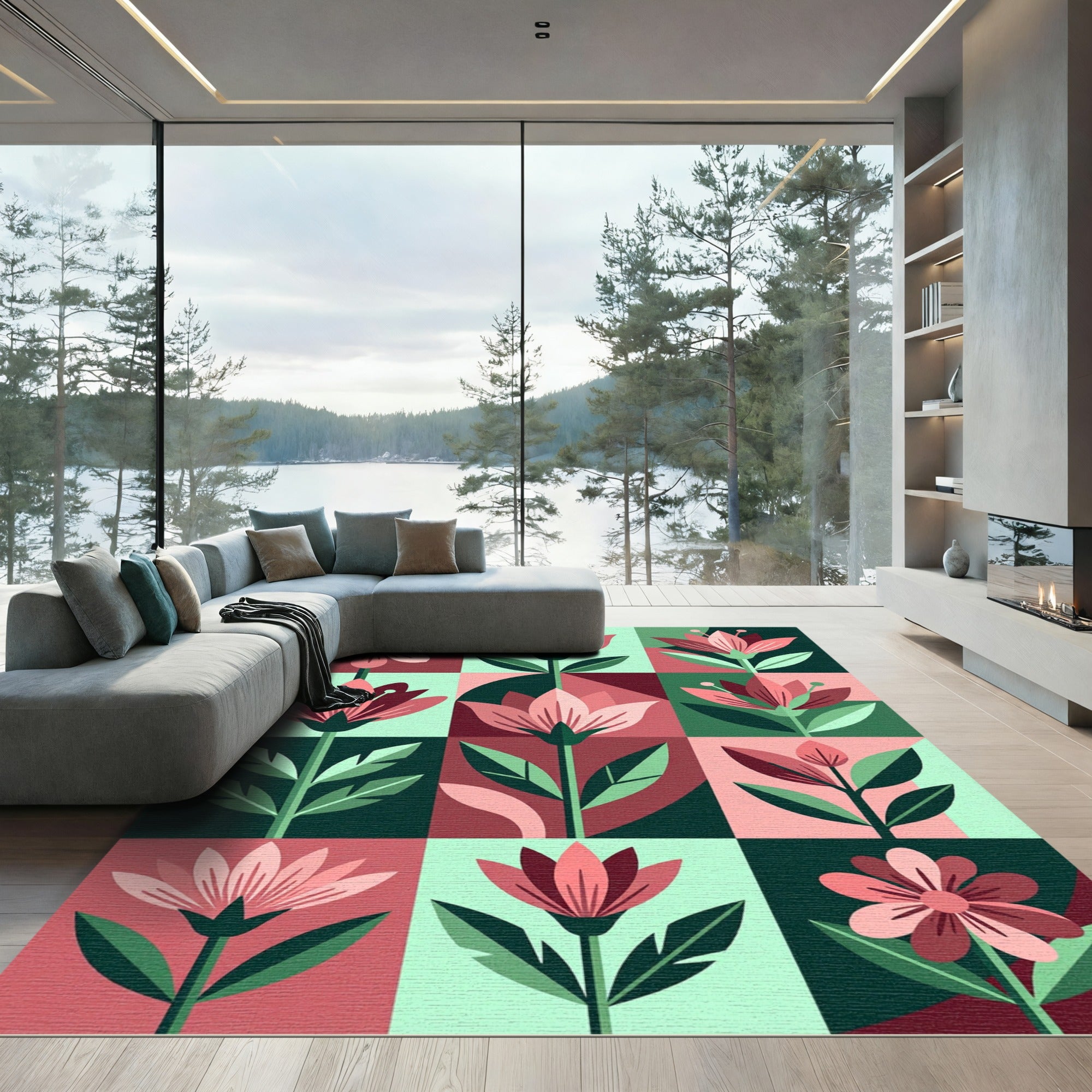 Modern Pink Floral Geometric Tile Rug