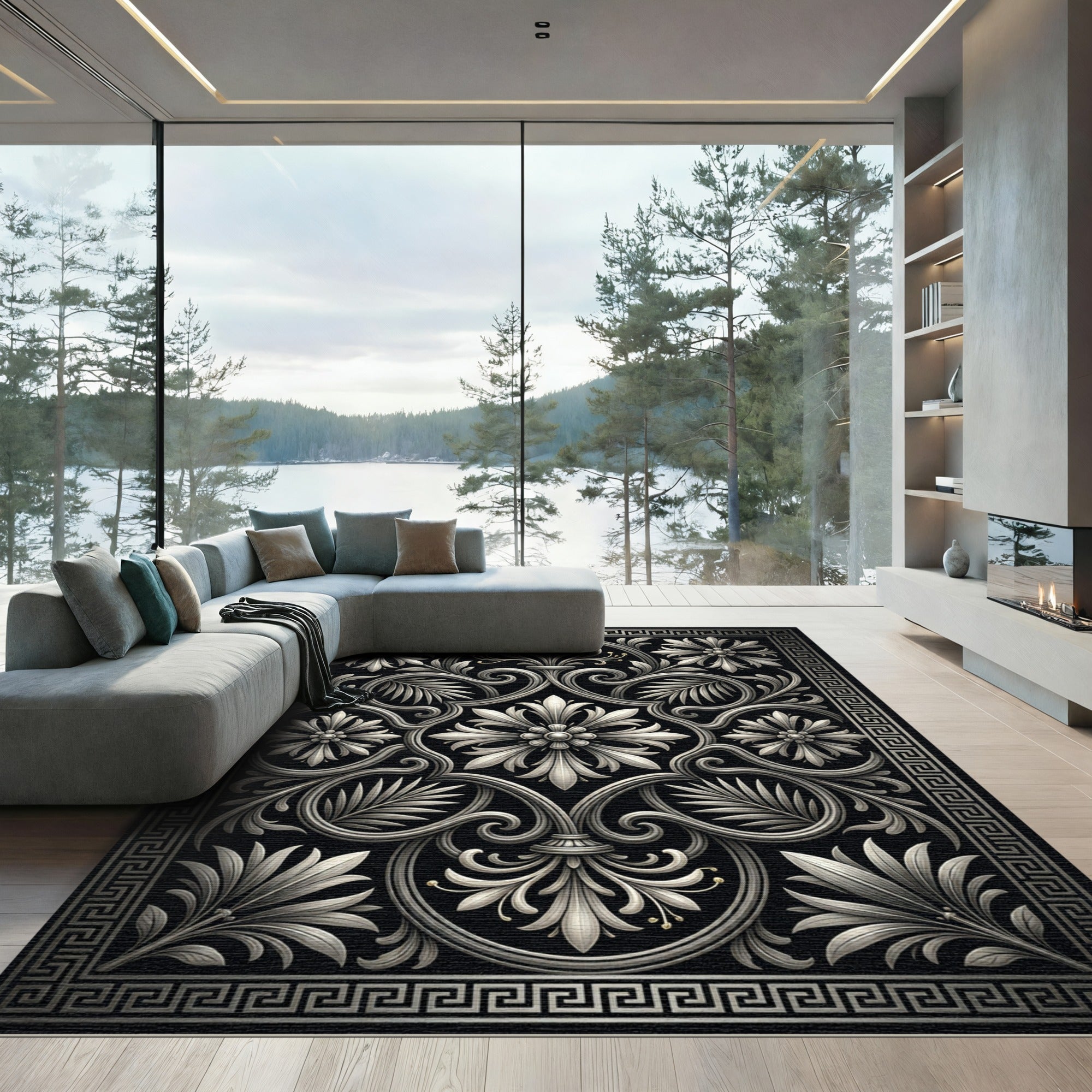 Elegant Silver Greyscale Neoclassical Acanthus Rug