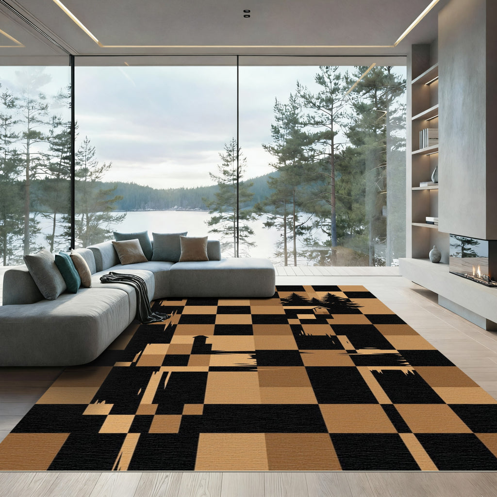 Geometric Forest Cabin Checkered Sepia Rug