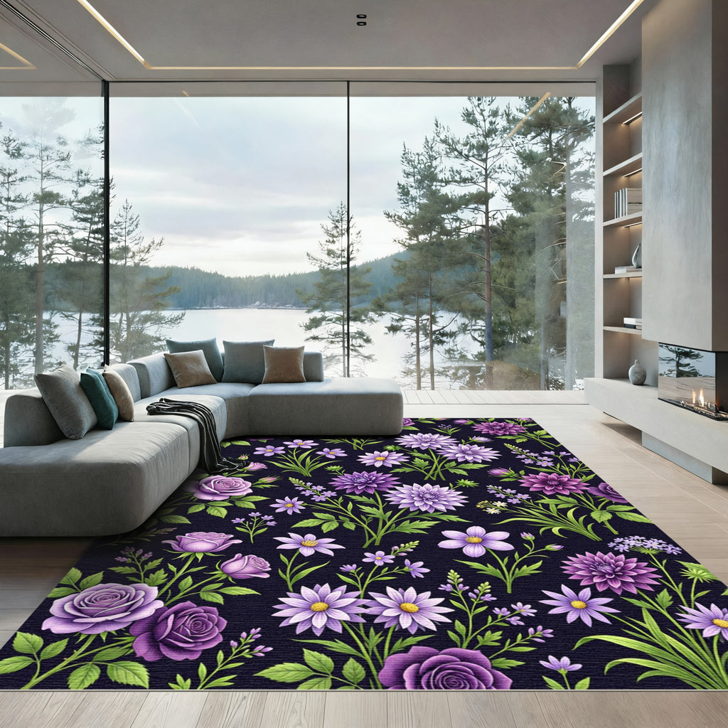 Elegant Purple Rose and Dahlia Garden Rug
